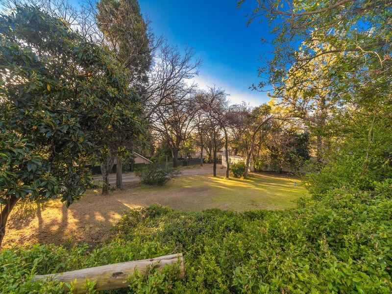 A spacious, well-maintained garden area featuring mature trees, established hedging, and a large open lawn space.