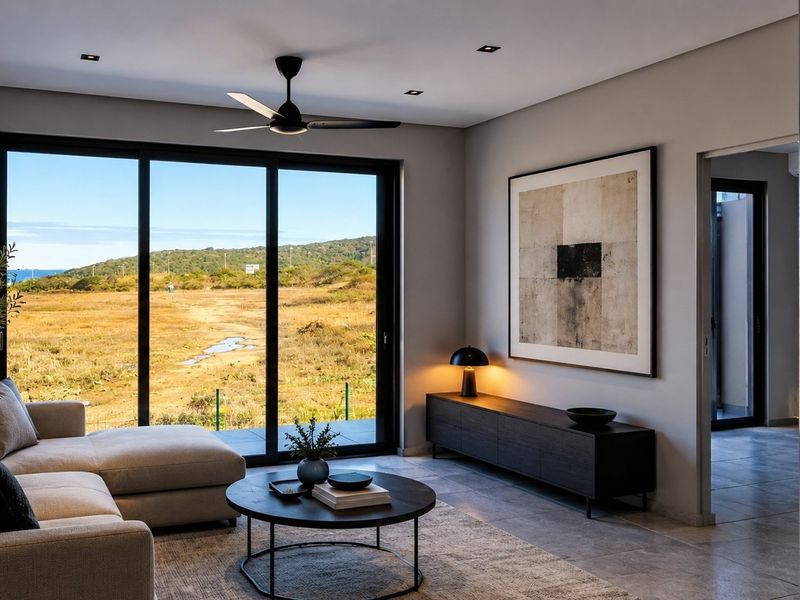 Modern living room featuring large sliding glass doors with scenic landscape views, recessed lighting, a ceiling fan, and neutral tiled flooring.