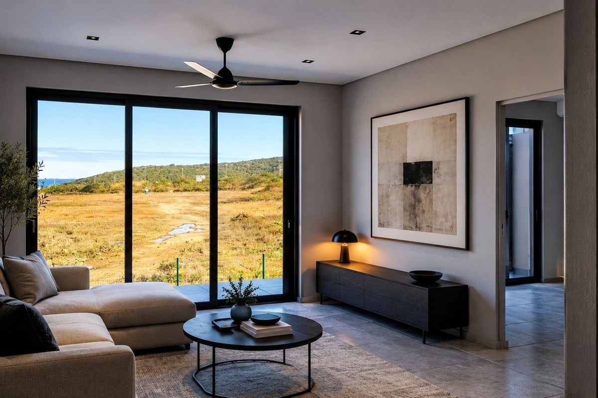 Modern living room featuring large sliding glass doors with scenic landscape views, recessed lighting, a ceiling fan, and neutral tiled flooring.