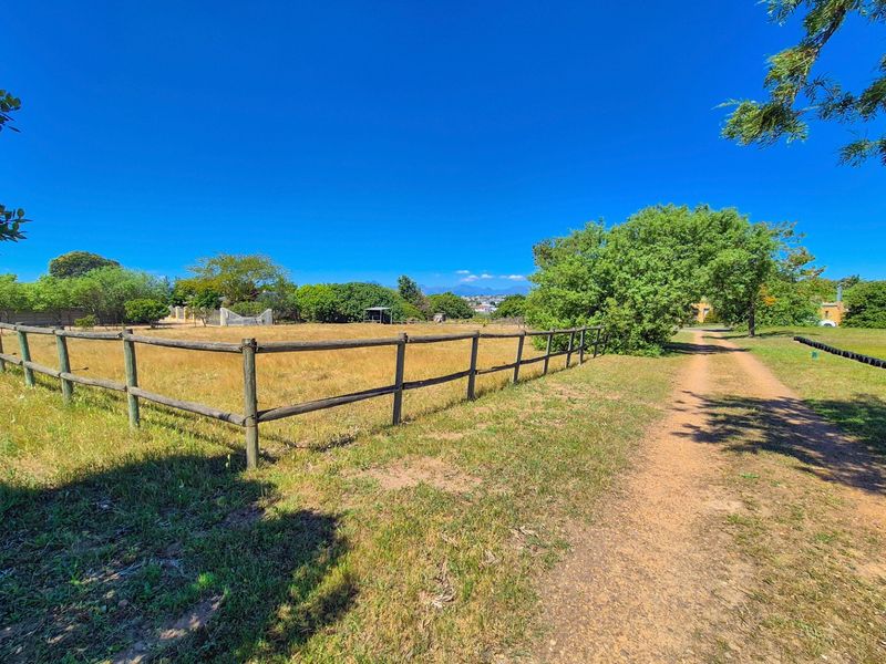 A spacious, open garden area featuring a dirt driveway and timber post and rail fencing, set against a clear blue sky.