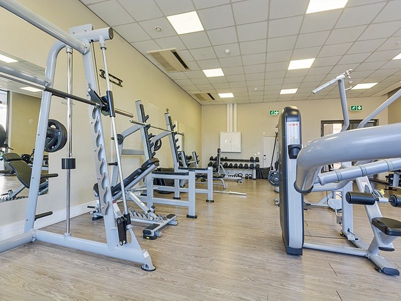 A well-maintained communal gym facility featuring laminate flooring, recessed lighting, and wall-mounted mirrors, equipped with various fixed strength training machines.