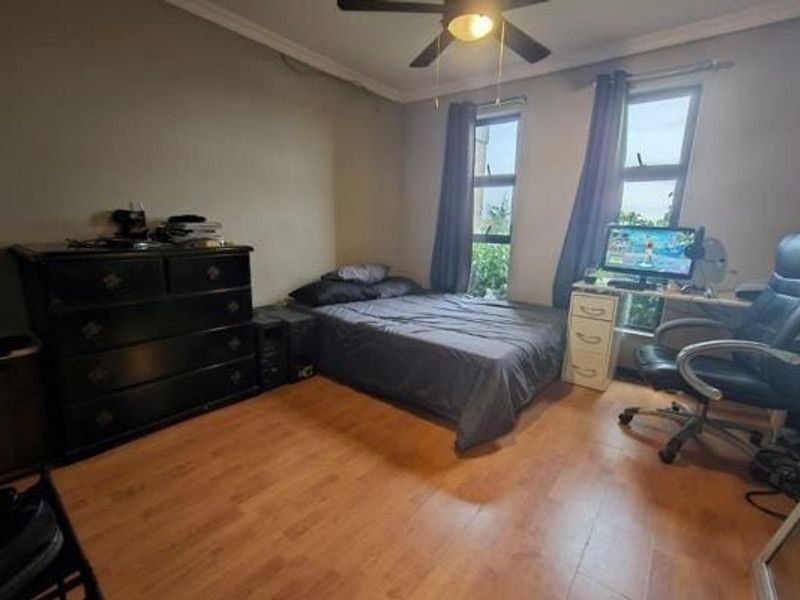 A functional bedroom featuring laminate flooring, a ceiling fan, and dual casement windows providing natural light.