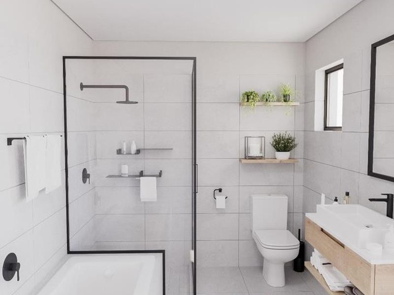 Modern bathroom featuring a walk-in shower with glass screen, built-in bathtub, wall-mounted vanity with basin, and contemporary fixtures.