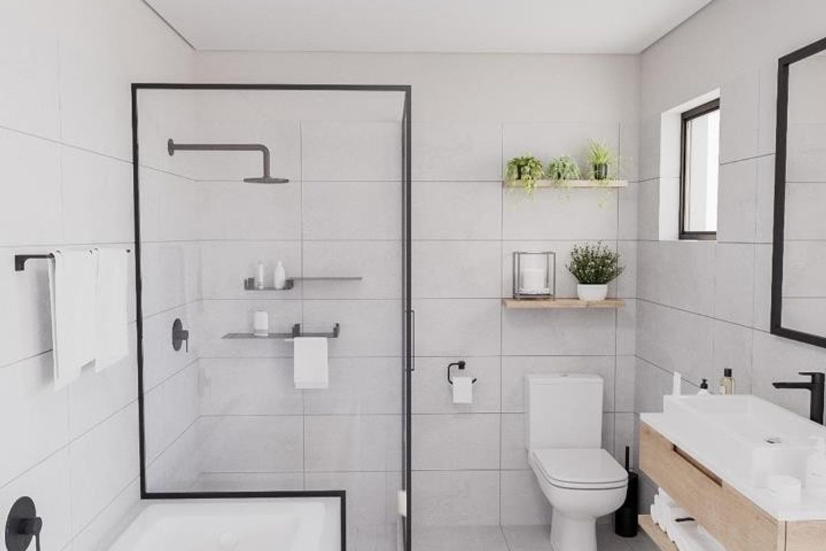 Modern bathroom featuring a walk-in shower with glass screen, built-in bathtub, wall-mounted vanity with basin, and contemporary fixtures.