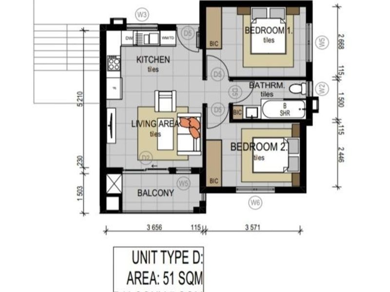 Architectural floor plan for a 56 square meter apartment unit featuring two bedrooms, one bathroom, an open-plan kitchen and living area, and a balcony.