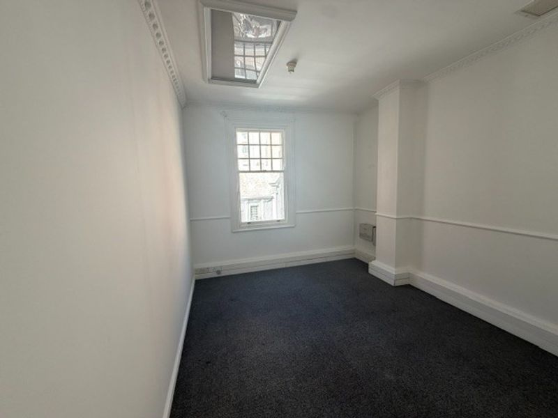A bright, empty office space featuring a skylight, sash window, crown molding, and dado rail, finished with dark carpeting.