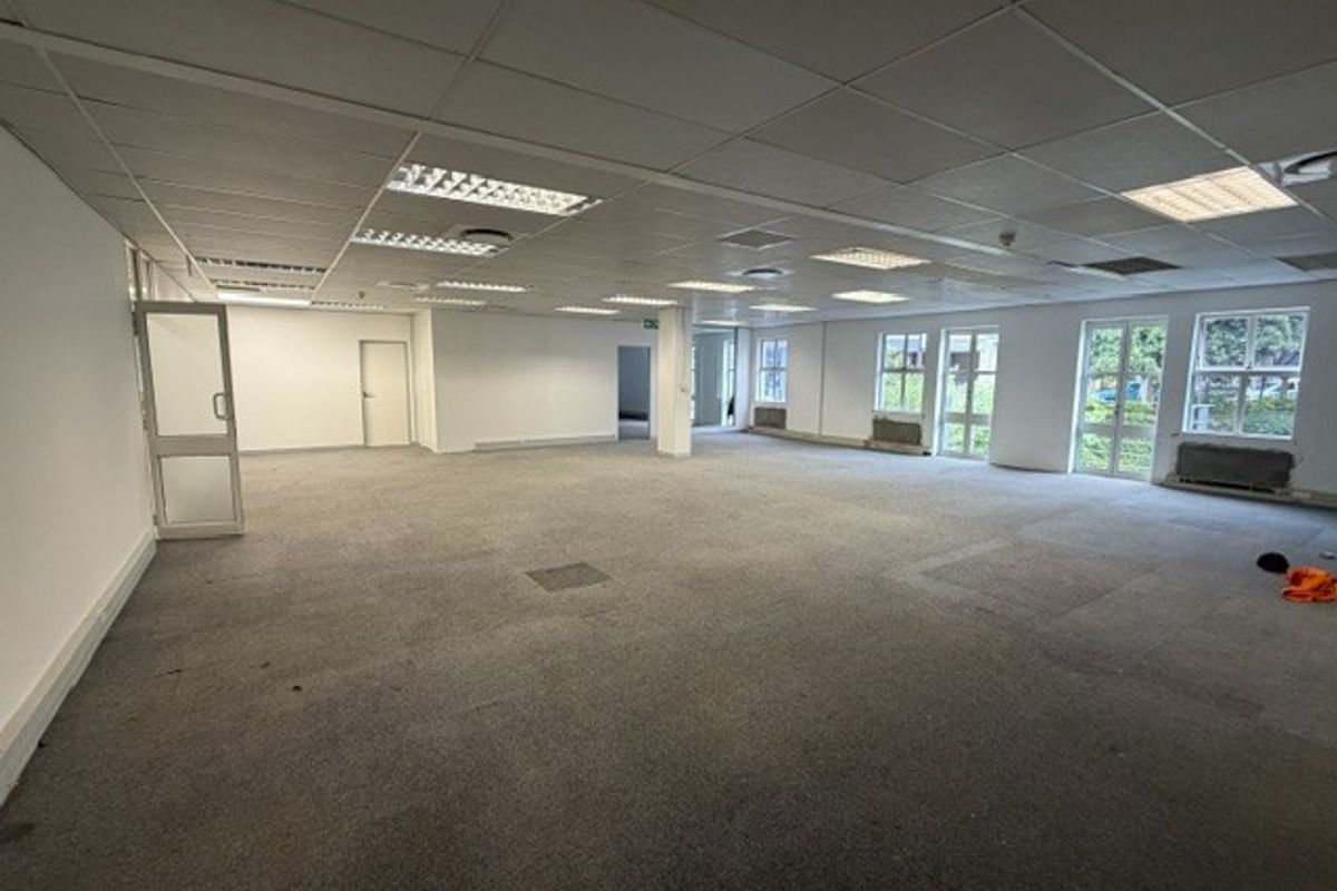 A spacious, open-plan office area featuring a suspended ceiling with recessed lighting, large windows providing natural light, and carpeted flooring.
