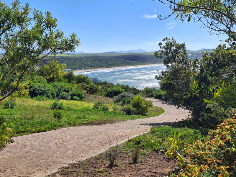 A scenic view of the coastline featuring a winding paved walkway through landscaped grounds, overlooking the ocean and distant hills.