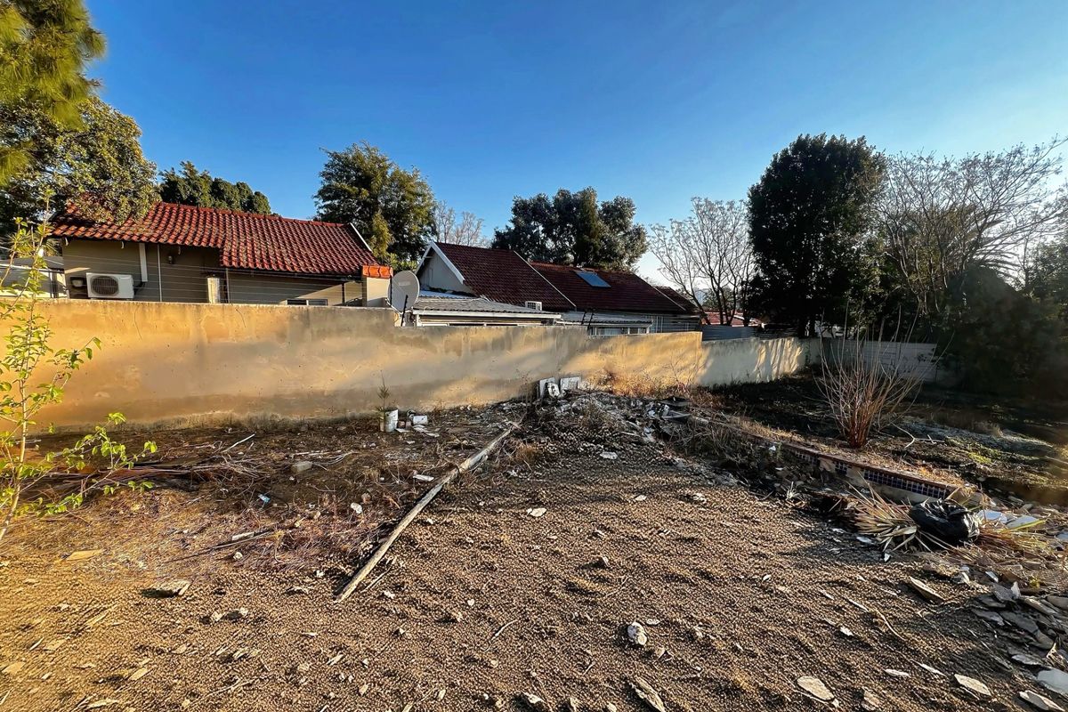 Rear yard area featuring a perimeter boundary wall and an existing swimming pool shell requiring significant clearing and landscaping.