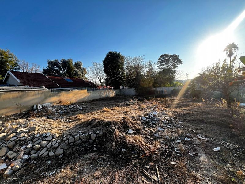 A vacant residential plot featuring a boundary wall, currently covered in debris and overgrown vegetation.