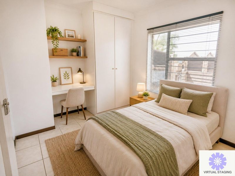 A well-lit bedroom featuring a built-in wardrobe, integrated desk workspace with floating shelves, and tiled flooring, finished with modern venetian blinds.