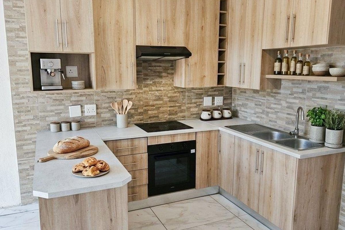 Modern kitchen featuring light wood-look cabinetry, stone-effect backsplash, integrated oven and hob, and marble-style tiled flooring.