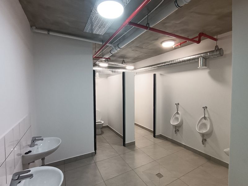 Modern industrial-style communal bathroom featuring exposed ceiling pipes, tiled flooring, multiple urinals, and private toilet cubicles.