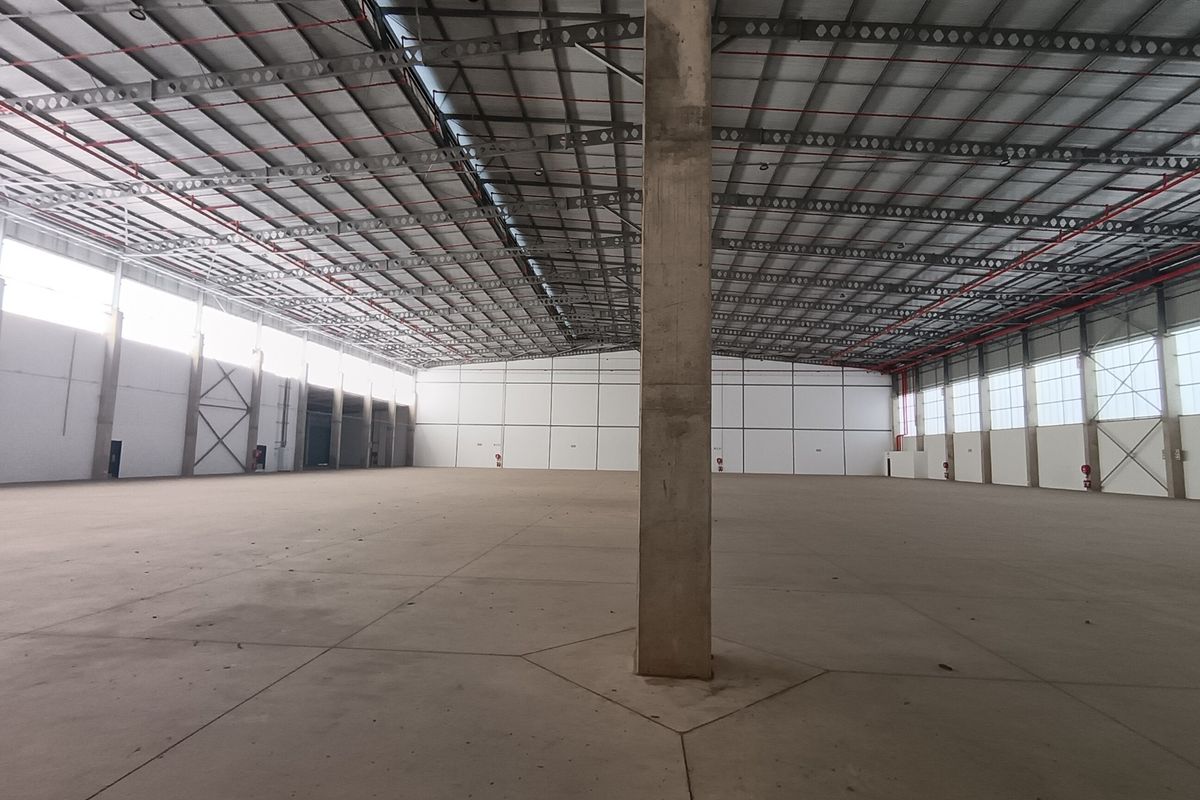 A large, open-plan industrial warehouse space featuring high ceilings with exposed steel trusses, concrete flooring, and integrated fire sprinkler systems.