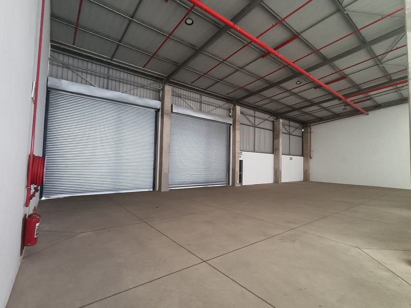 Spacious industrial warehouse unit featuring high ceilings, exposed steel roof structure, concrete flooring, and dual roller shutter doors for easy access.