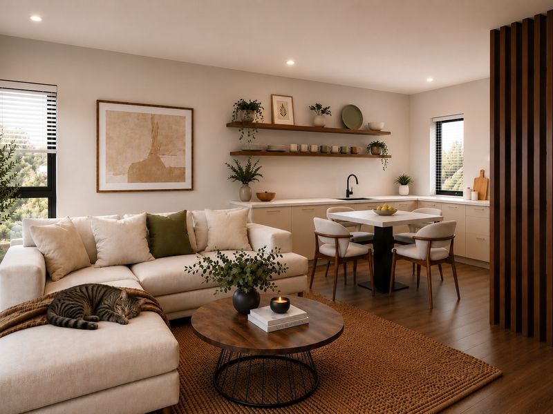 Modern open-plan living and kitchen area featuring timber flooring, sleek cabinetry, floating shelving, and a decorative timber slat room divider.