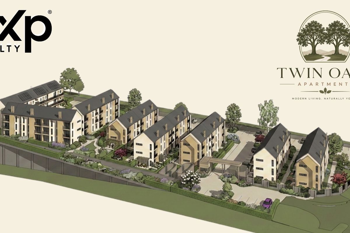 An architectural rendering of the Twin Oaks apartment complex, showcasing multiple residential buildings, landscaped grounds, parking facilities, and solar energy infrastructure.