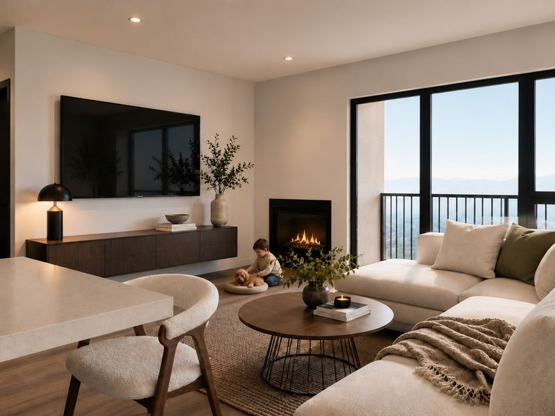 Modern open-plan living area featuring a built-in fireplace, recessed lighting, and large sliding glass doors opening to a balcony with scenic views.