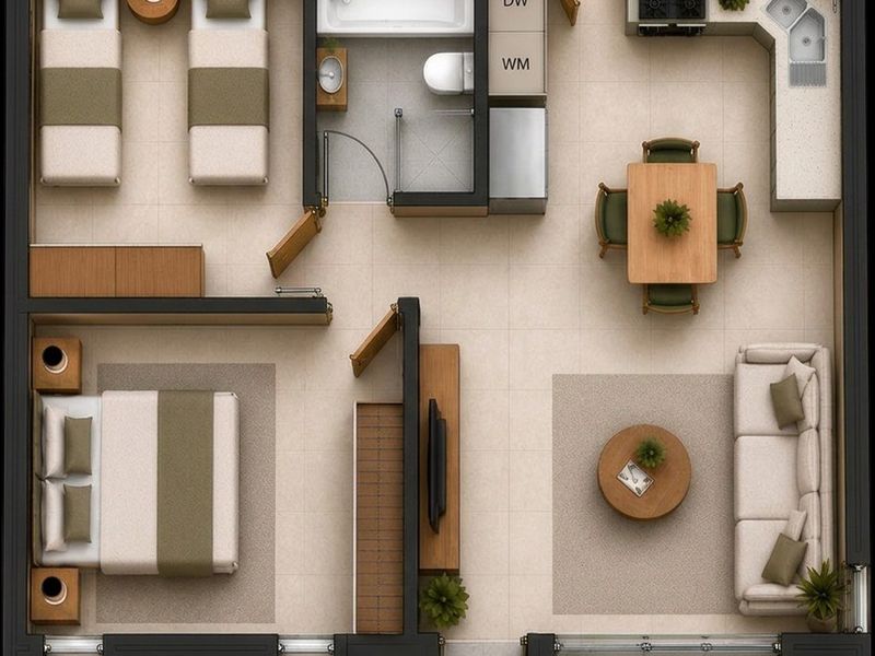A detailed 2D floor plan showing a two-bedroom apartment layout with an open-plan kitchen, living area, and bathroom.
