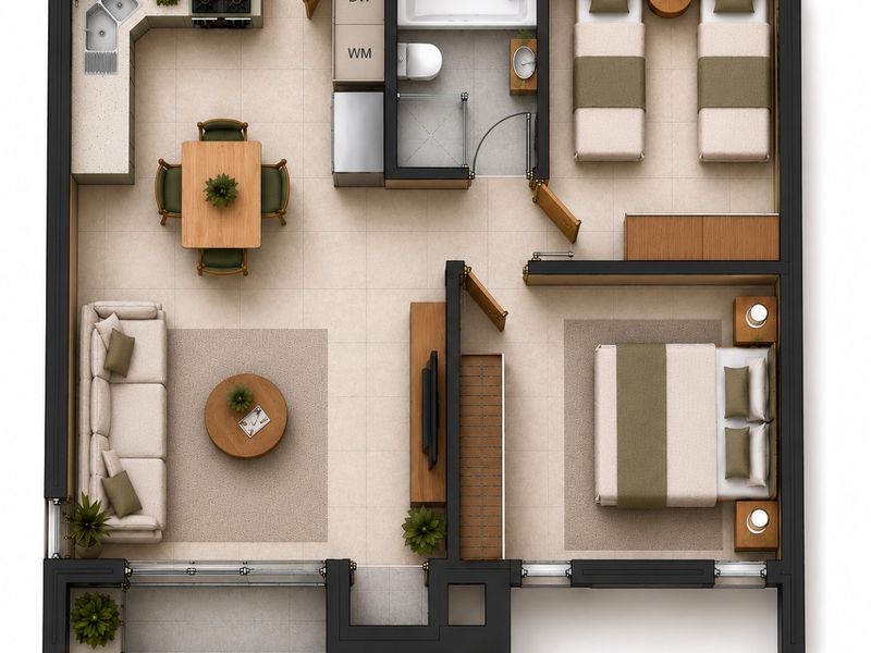 A detailed 2D floor plan showing a two-bedroom apartment layout with an open-plan kitchen, living area, and bathroom.