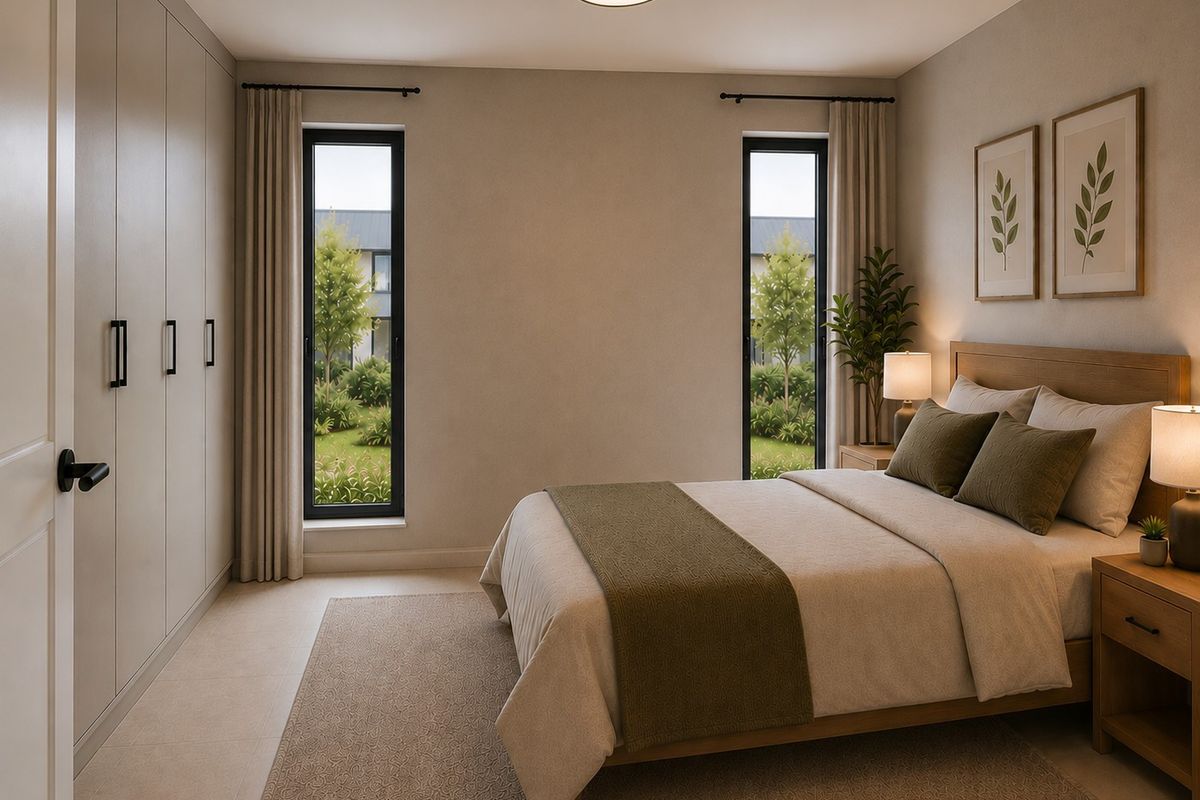 A modern, well-lit bedroom featuring built-in cupboards, tiled flooring, and dual windows overlooking the garden.