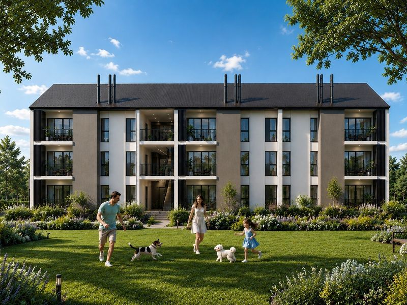 A modern three-story apartment building featuring private balconies, clean architectural lines, and a well-maintained landscaped garden area.