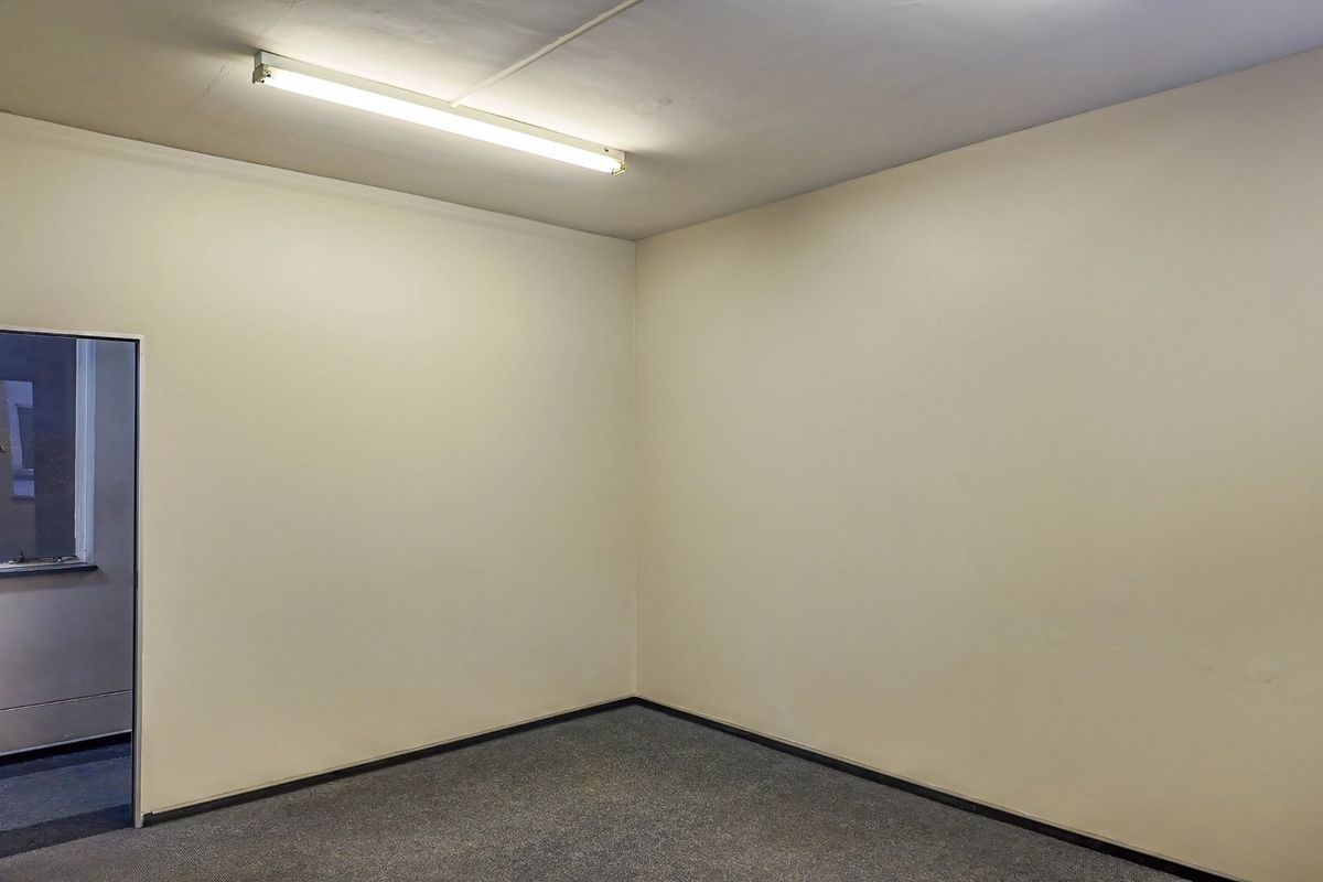 A clean, empty office space featuring neutral walls, carpet flooring, and a functional overhead fluorescent light fixture.