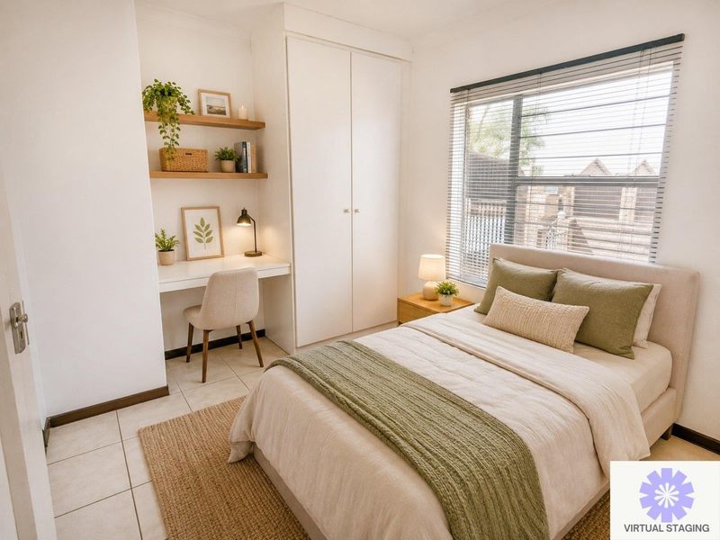 A bright bedroom featuring a built-in wardrobe, integrated desk with floating shelves, tiled flooring, and large window with venetian blinds.