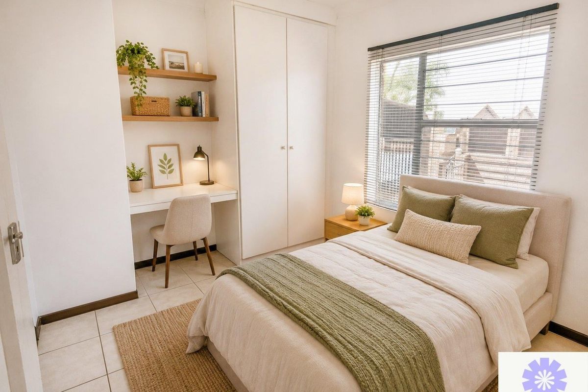 A bright bedroom featuring a built-in wardrobe, integrated desk with floating shelves, tiled flooring, and large window with venetian blinds.