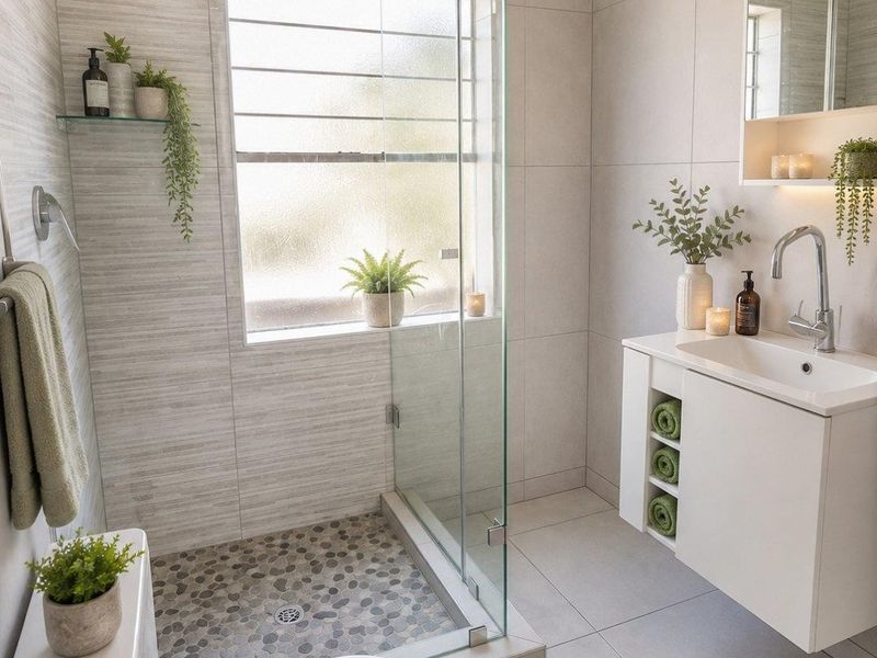 Modern bathroom featuring a walk-in shower with pebble floor, wall-mounted vanity, and neutral tiling throughout.