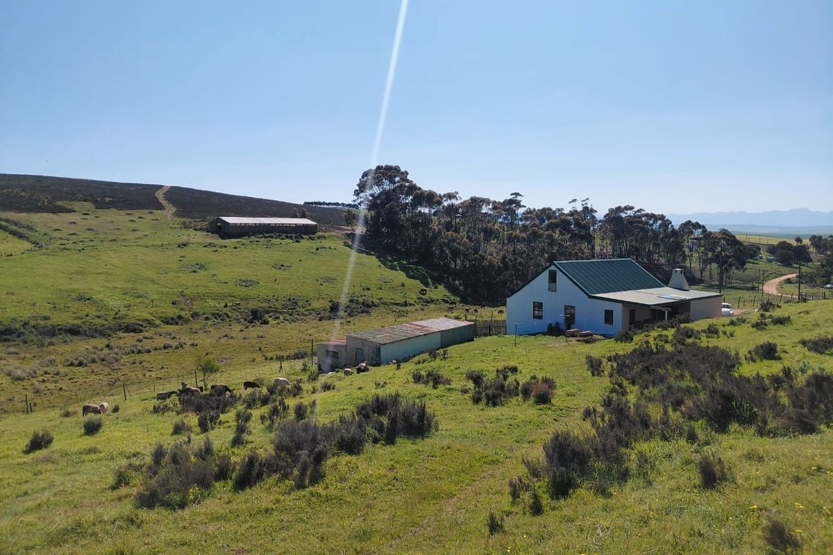 Aerial view of a rural property featuring a main house with a pitched roof and adjacent outbuildings set within a large grassy landscape.