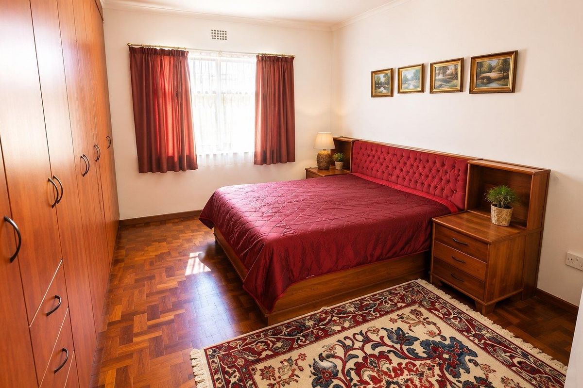 A well-maintained bedroom featuring classic parquet flooring and extensive built-in wooden cabinetry, offering ample storage space and a warm, traditional aesthetic.