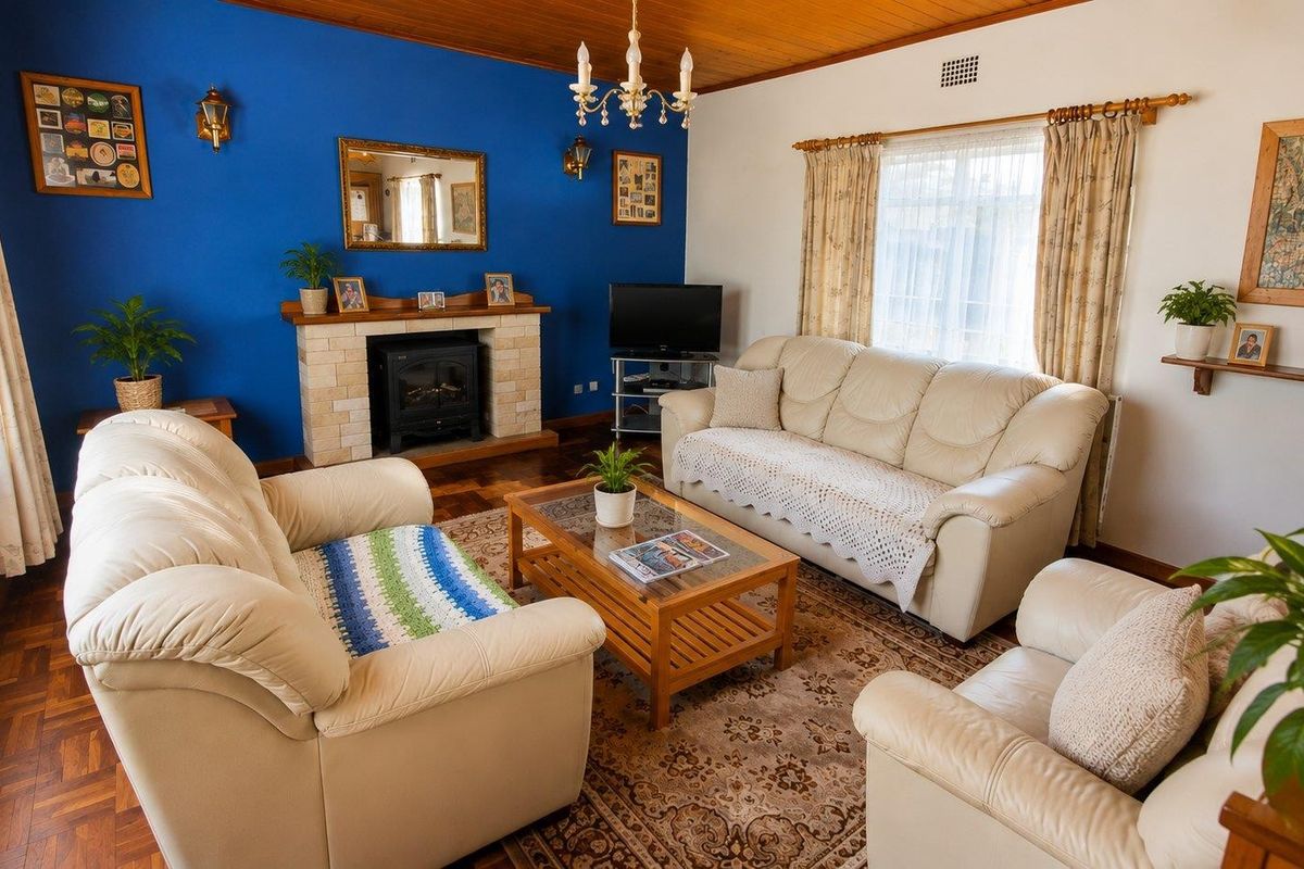 A cozy living room featuring a stone fireplace, warm timber ceilings, and classic parquet flooring, creating a traditional and inviting atmosphere.