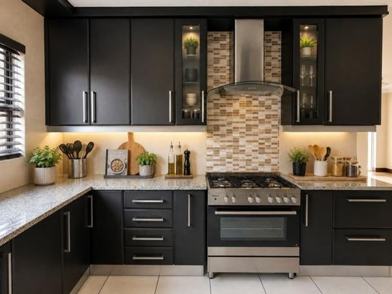 Modern kitchen featuring sleek black cabinetry, granite countertops, a stainless steel gas stove with extractor fan, and a decorative mosaic tile backsplash.