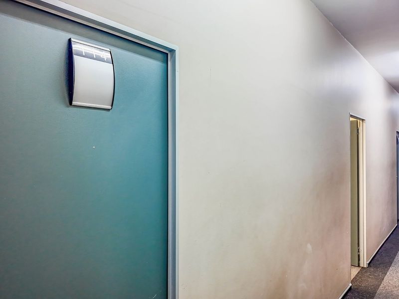 A commercial hallway featuring multiple doors with signage, fluorescent lighting, and carpeted flooring.