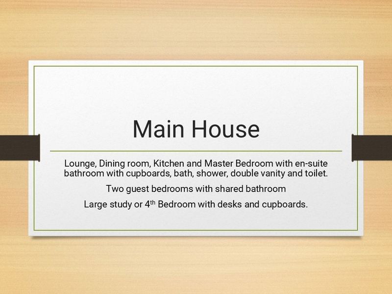 A text-based summary card outlining the layout and features of the main house, including living areas, bedrooms, and bathrooms.