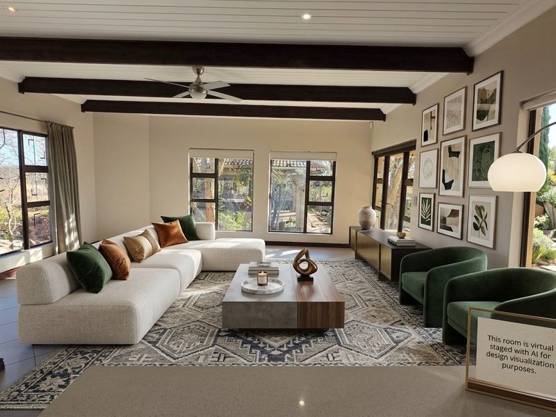 Spacious living room featuring exposed timber ceiling beams, tiled flooring, and large windows providing ample natural light and garden views.