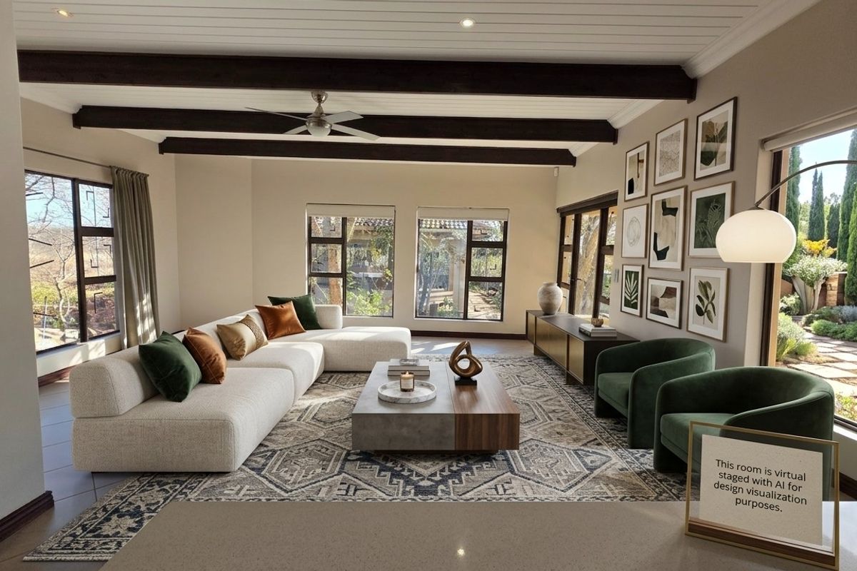 Spacious living room featuring exposed timber ceiling beams, tiled flooring, and large windows providing ample natural light and garden views.