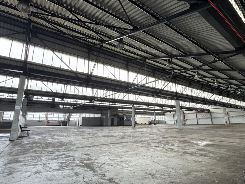 A large, open-plan industrial warehouse space featuring high ceilings with exposed steel trusses, clerestory windows for natural light, and durable concrete flooring.