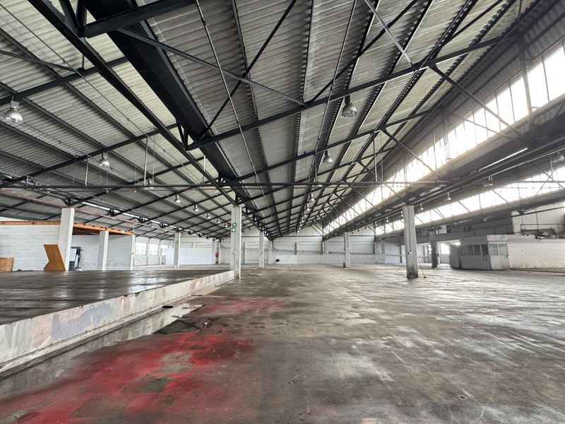 Expansive industrial warehouse space featuring high ceilings with exposed steel trusses, concrete flooring, and ample natural light from clerestory windows.
