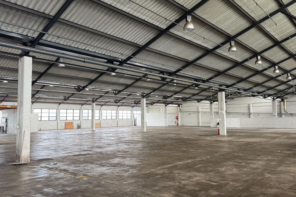 Spacious industrial warehouse featuring high ceilings with exposed steel trusses, concrete flooring, and ample natural light through side windows.