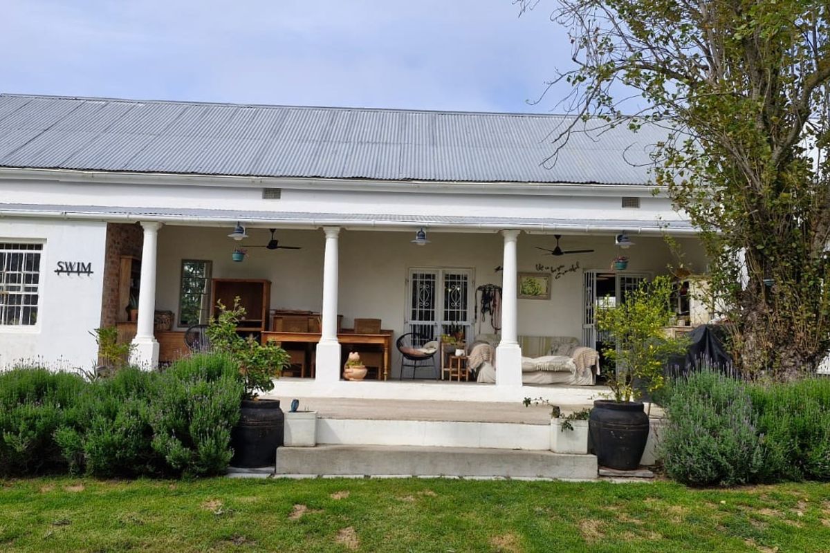 A charming rear elevation featuring a spacious covered patio with support columns, overlooking a landscaped garden area with mature trees.