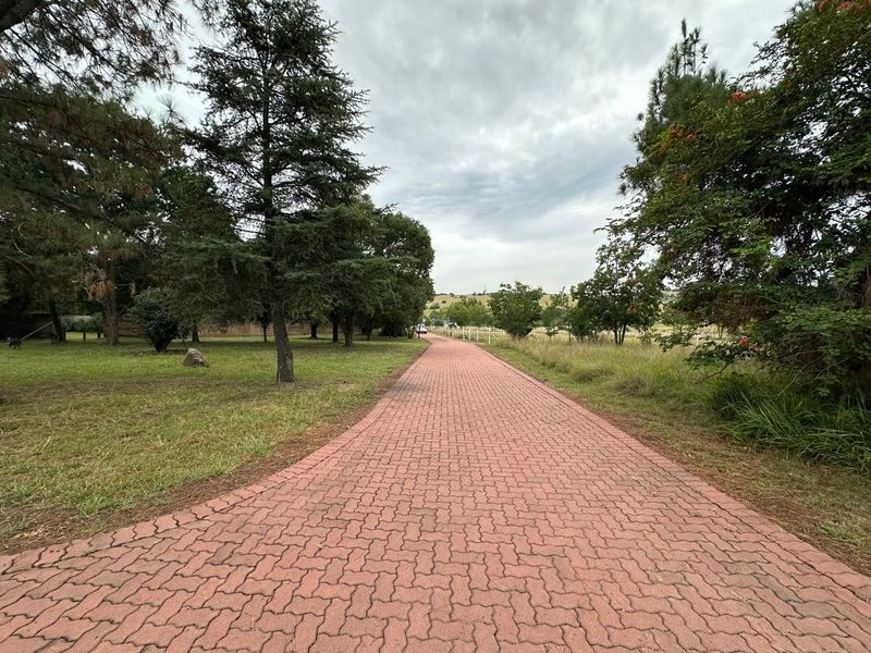 A long, paved driveway leading through a landscaped farm property with mature trees and open green spaces.