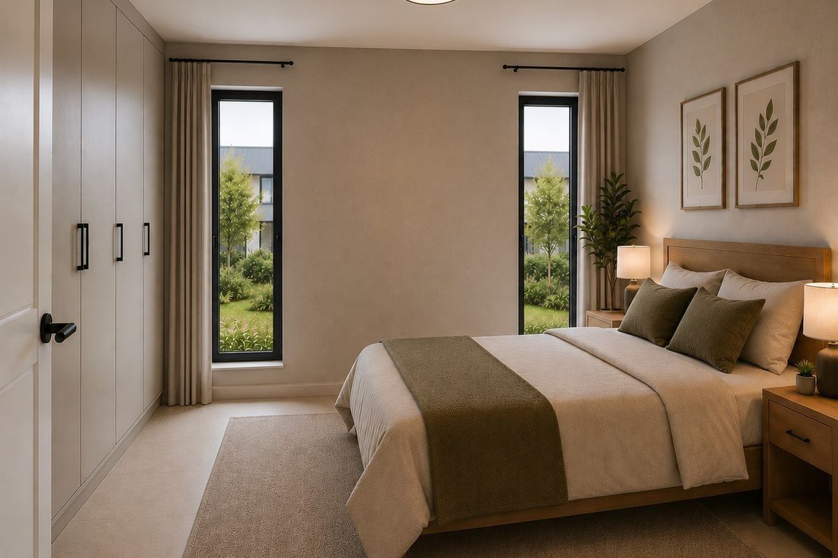 A modern, well-lit bedroom featuring built-in wardrobes, neutral finishes, and dual windows overlooking a landscaped garden area.