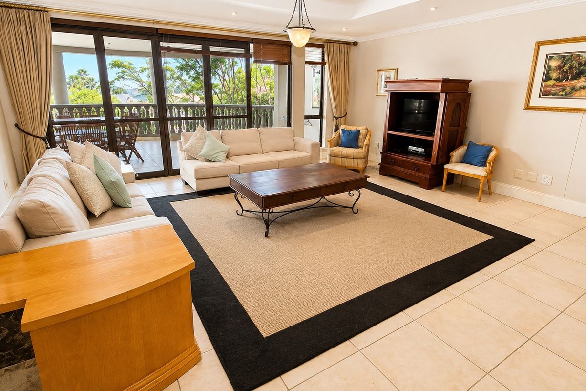 Spacious living room featuring tiled flooring, recessed ceiling lighting, and large sliding glass doors providing access to an outdoor patio area.