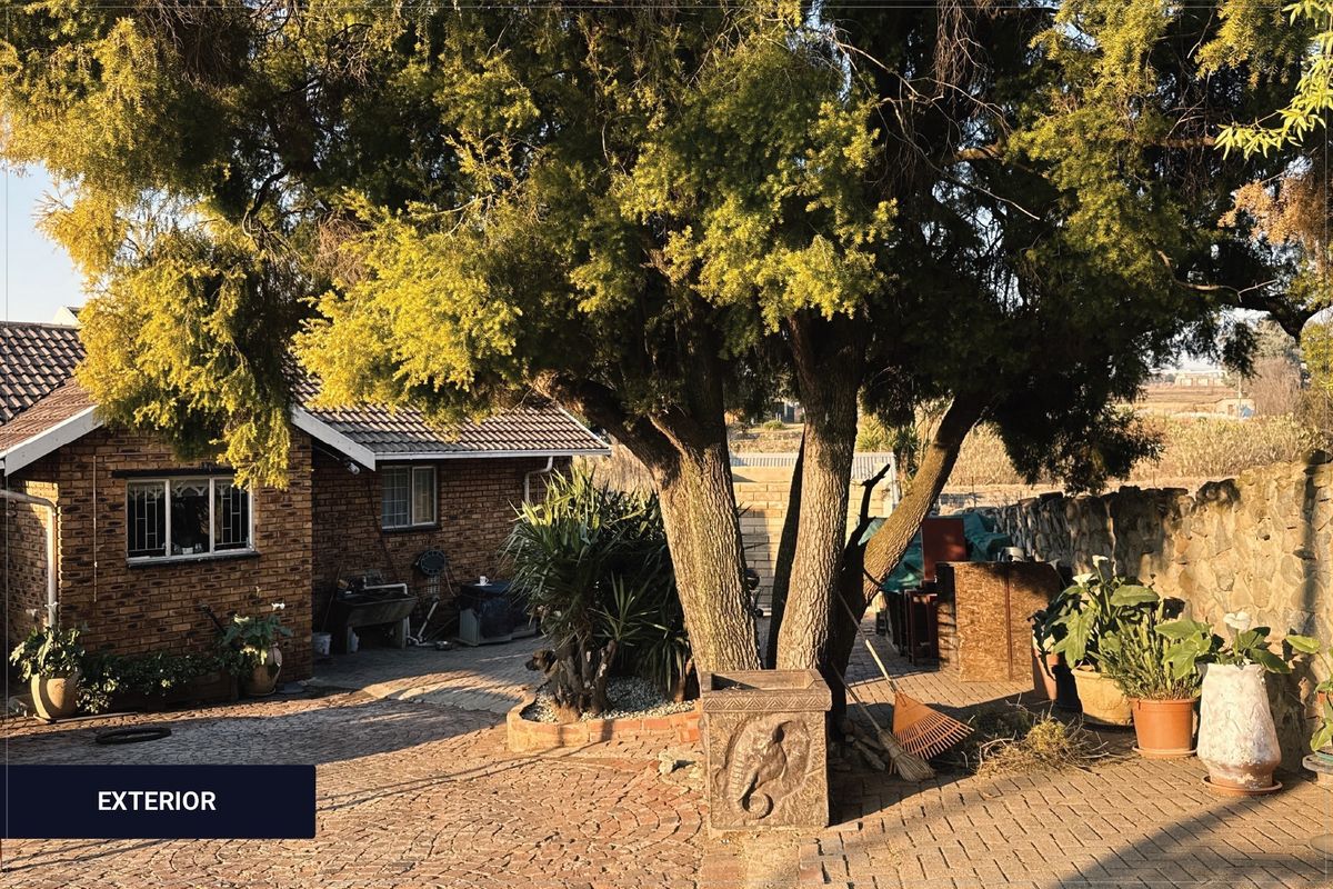 A rear exterior view of a brick house featuring a paved patio area, mature trees, and a stone boundary wall.