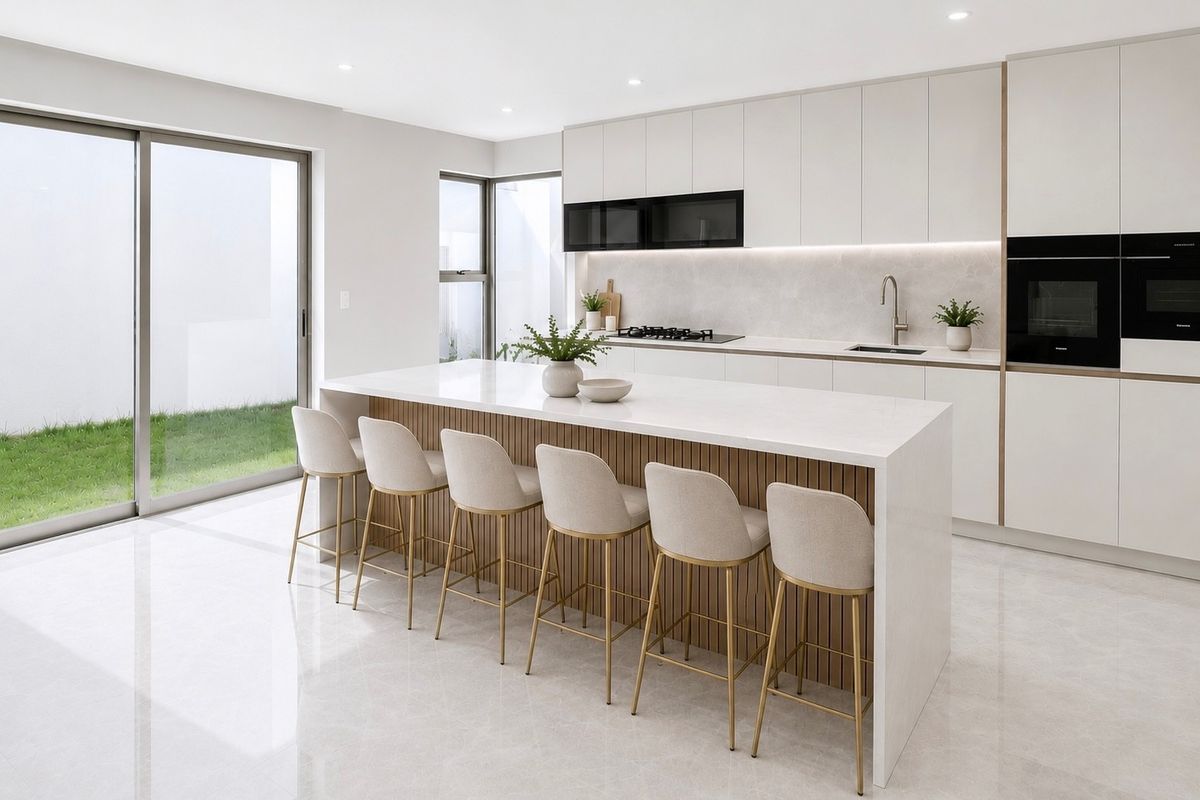 Modern kitchen featuring a large island with stone countertops, integrated cabinetry, built-in appliances, and sliding glass doors opening to the garden.