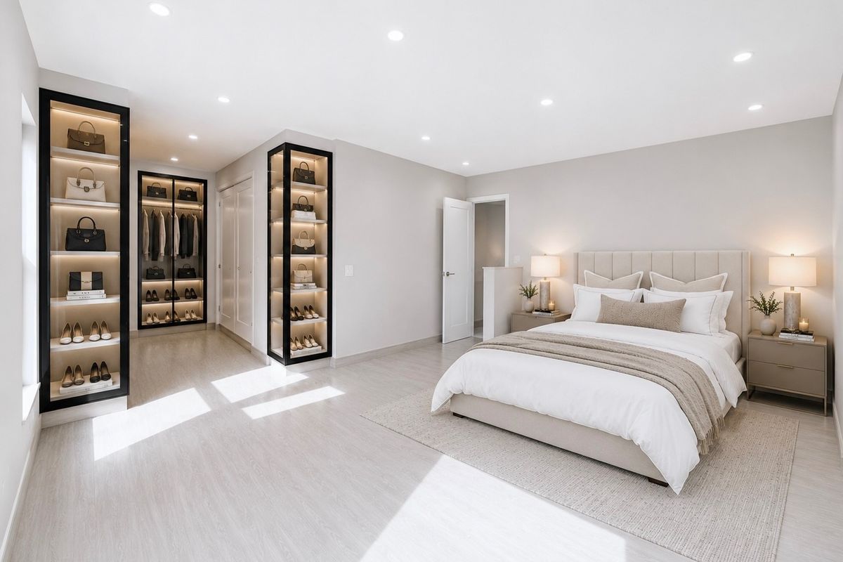 Spacious modern bedroom featuring high-end built-in display shelving with integrated lighting, recessed ceiling lights, and light-toned flooring.