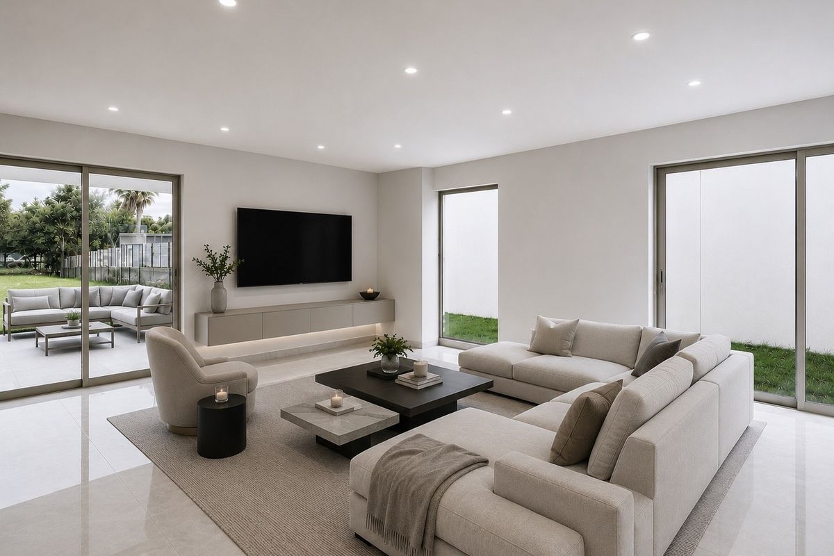 Modern, bright living room featuring recessed lighting, sleek tiled floors, a floating media console, and large sliding glass doors opening to a patio.
