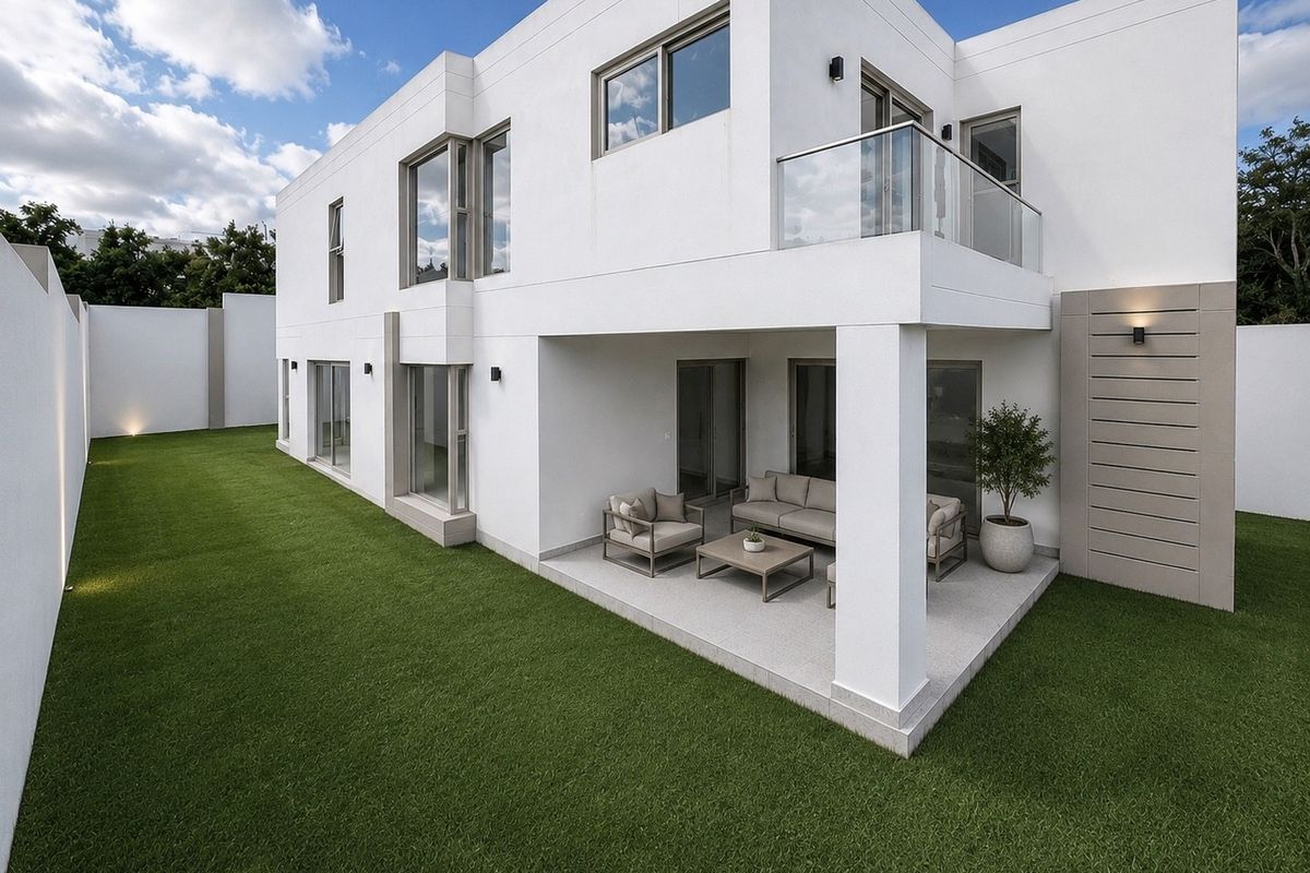 Modern two-story residence featuring a covered ground-floor patio, an upper-level balcony with glass balustrades, and a well-maintained private lawn.